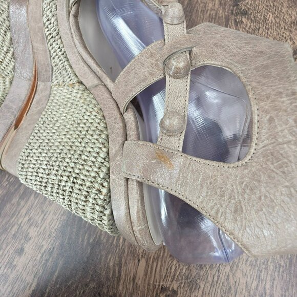 Balenciaga Arena Espadrille Wedges Sandals 10 Taupe Grey Studded Leather Raffia - Picture 10 of 16
